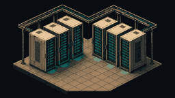 Pixel art isometric server room with racks, blinking status lights and overhead cable trays