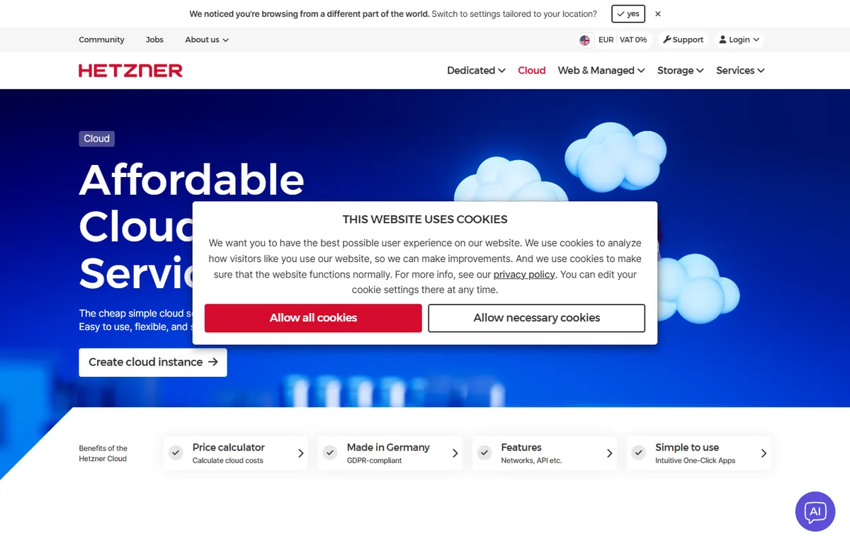 Hetzner Cloud VPS hosting website screenshot 2026
