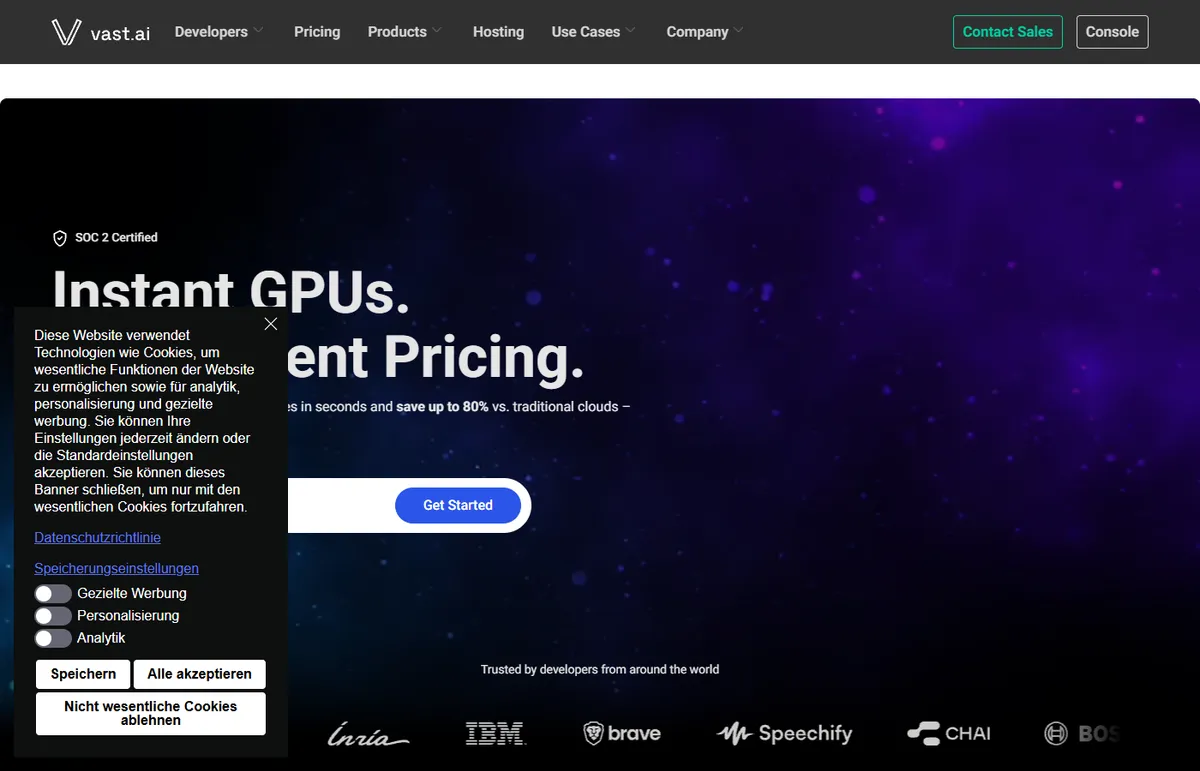 vast.ai VPS hosting website screenshot 2026